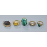 A 9ct gold carved turquoise scarab ring, a yellow metal citrine and paste ring, a 9ct gold and