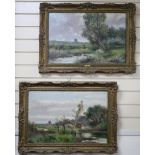 Abraham Hulk Jnr. (1851-1922), pair of oils on canvas, Landscape near Cranleigh and Girl in river