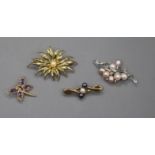 Three assorted 9ct gold brooches including gem set bug brooch and cultured pearl brooches and a