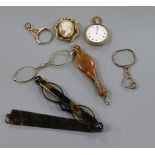 Two pairs of lorgnettes, a cameo brooch, two eye glasses and a 14k gold plated watch (6)