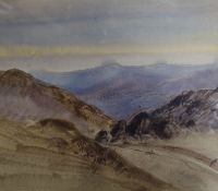 David Hutter, ink and watercolour, Mountain landscape, 26 x 31cm, two other watercolours, Bob