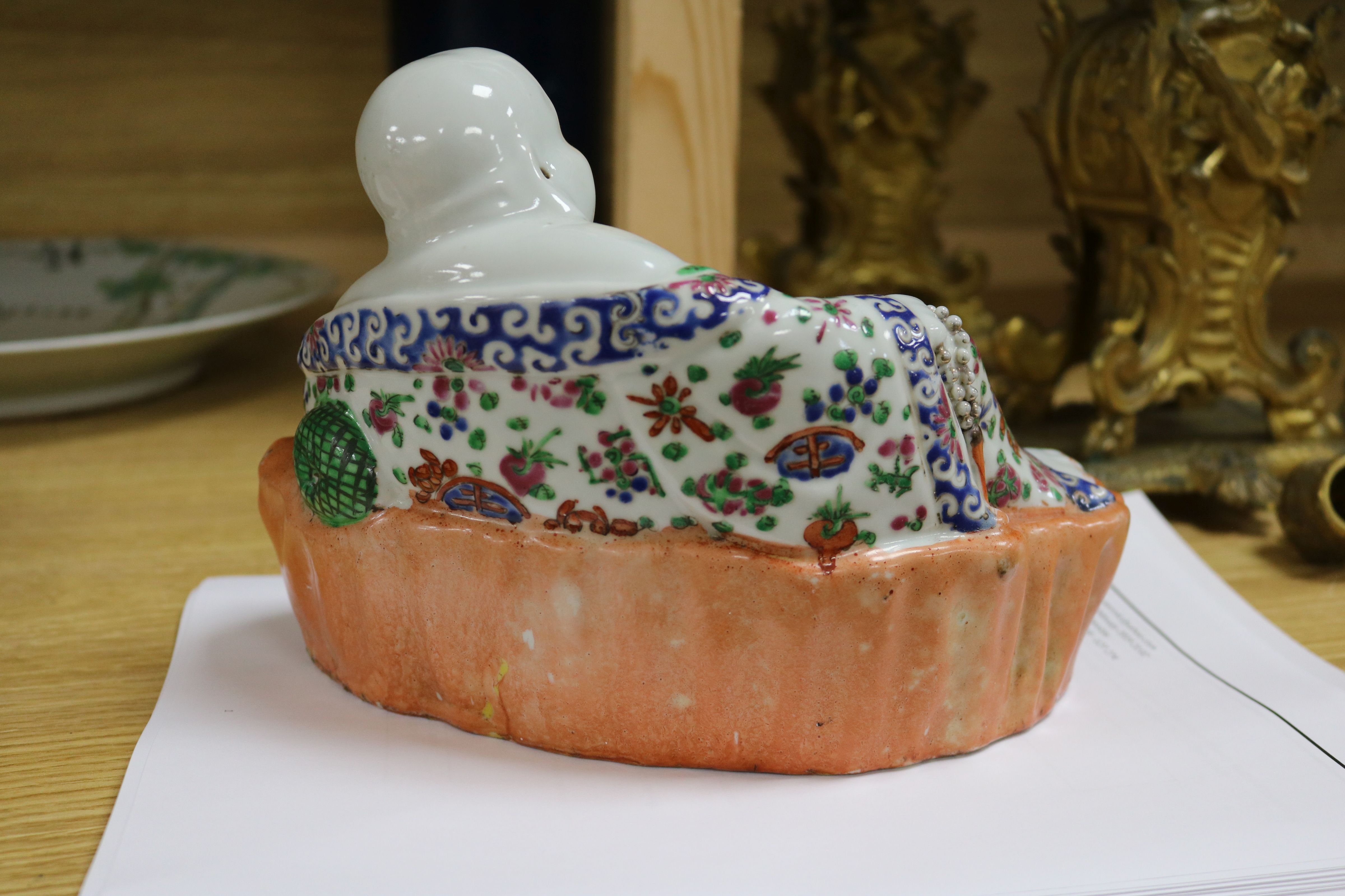 A Chinese famille rose dish, a figure of Budai and a 'bird' plaque - Image 5 of 6