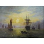 Adolphus Knell, oil on canvas, Ships anchored at harbour at sunset, 22 x 30cm
