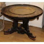 A Chinese carved table with brass tray inset top W.90cm