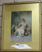 Albert Pierre Roberti,, watercolour, Lady bathing children, signed, 26 x 18cm