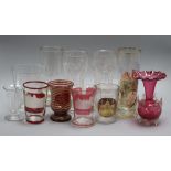 A Zwischengalt glass beaker, three ruby flashes spa beakers, four Bohemian glasses etc