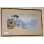 Late 19th century Italian School, gouache, Figures by an Italian lake, 20 x 44cm