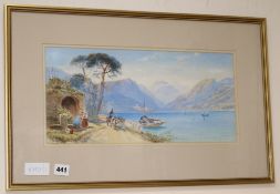 Late 19th century Italian School, gouache, Figures by an Italian lake, 20 x 44cm