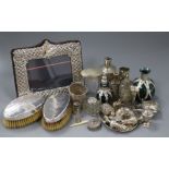 Mixed items including silver photograph frame, pepperettes, spill vases and pair of clothes