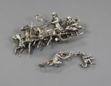 A late 19th century Russian 84 zolotnik troika brooch (a.f.) and a white metal hanging monkey