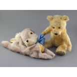 A vintage English bear, 1950's and a Thumper rabbit nightdress case