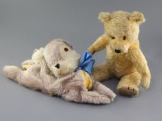 A vintage English bear, 1950's and a Thumper rabbit nightdress case