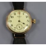A gentleman's early 20th century 9ct gold Waltham manual wind wrist watch.