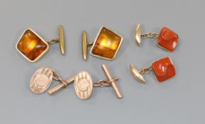 A pair of 14k gold and jasper cufflinks, a pair of 9ct gold and amber cufflinks and one other pair