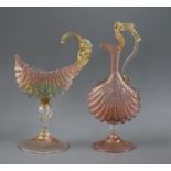 A Venetian glass jug and a similar jug with swan handle tallest 21cm