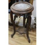 A French beech and marble pot stand W.40cm