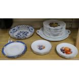 A Meissen onion pattern dish and a Rosenthal fruit service, two Meissen plates