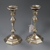A pair of 1960's silver octagonal candlesticks by James Dixon & Sons, weighted, 21.7cm.