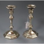 A pair of 1960's silver octagonal candlesticks by James Dixon & Sons, weighted, 21.7cm.