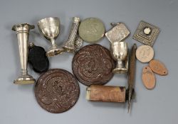Miscellaneous items including silver spill vase, silver egg cup, silver vesta, plaques etc.