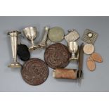 Miscellaneous items including silver spill vase, silver egg cup, silver vesta, plaques etc.