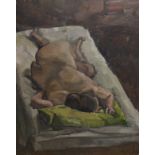 Modern British, oil on board, Sleeping female nude, 76 x 61cm, unframed
