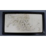 A Meiji carved ivory plaque depicting lions fighting, framed