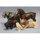 A Beswick model of an elephant, shire horse, buffalo, lion, owl