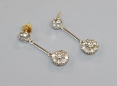 A pair of 18ct gold and diamond cluster drop earrings, 32mm.
