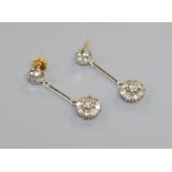 A pair of 18ct gold and diamond cluster drop earrings, 32mm.
