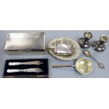 A silver cigarette cas, silver hip flask, silver bonbon dish and five other items including pair