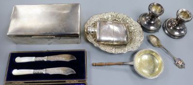 A silver cigarette cas, silver hip flask, silver bonbon dish and five other items including pair