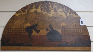 A 20th century Rowley Gallery? marquetry panel of a lady and gentleman in 18th century dress, demi-