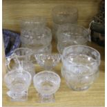 Eleven Victorian vine-engraved finger bowls, a pair of salts and two other items