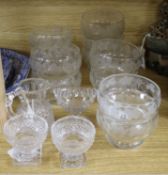 Eleven Victorian vine-engraved finger bowls, a pair of salts and two other items