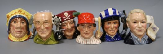 Six Royal Doulton small character jugs, including 'Long John Silver' D7138 (Treasure Chest