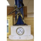 A French alabaster mantel clock with mounted model of Achilles 57cm high