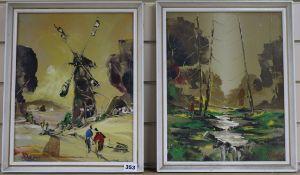 George R. Deakins, 2 oils on board, Windmill and River landscape, signed, 36 x 28cm