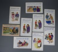 A collection of comic postcards and cigarette cards etc., comprising a scrap album of postcards in