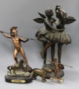 A bronze group of ballet dancers, a bronze horse, two figures of warriors and dog nutcrackers