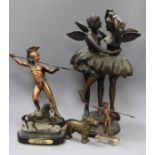 A bronze group of ballet dancers, a bronze horse, two figures of warriors and dog nutcrackers