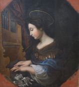 After Carlo Dulci St. Cecilia, oil on canvas laid on board, Angel playing a misericord, 96 x 80cm,