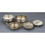 A pair of 1920's/1930's small silver rose bowls, by Adie Brothers, two silver shell butter dishes