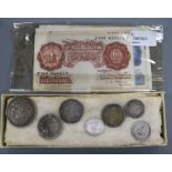 A small collection of British silver and copper coins (George II to Victoria) and four Bank of