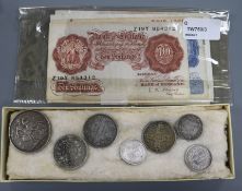 A small collection of British silver and copper coins (George II to Victoria) and four Bank of