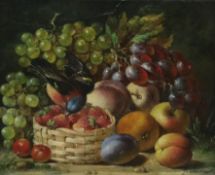 L. Oliver, oil on canvas laid on board, Still life of a bullfinch and fruit, signed, 24 x 28cm