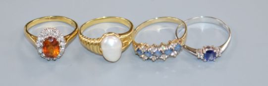 Two 18ct gold and gem set rings including baroque pearl and citrine and diamond, a 9ct gem set