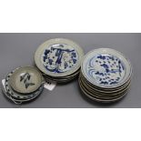 A collection of Chinese 18th/19th century blue and white pottery, including three small circular