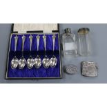 A cased set of six silver teaspoons, a silver vesta case, tow toilet bottles and a pill box.