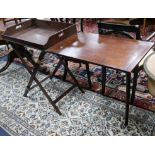 A Victorian mahogany campaign butlers tray on stand with companion serving table W.144cm with leaf